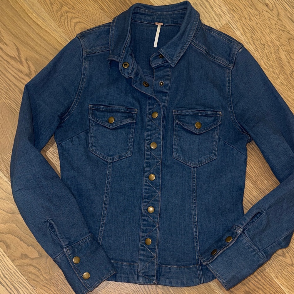 Free People Dark Blue Jean Jacket with Brass Buttons